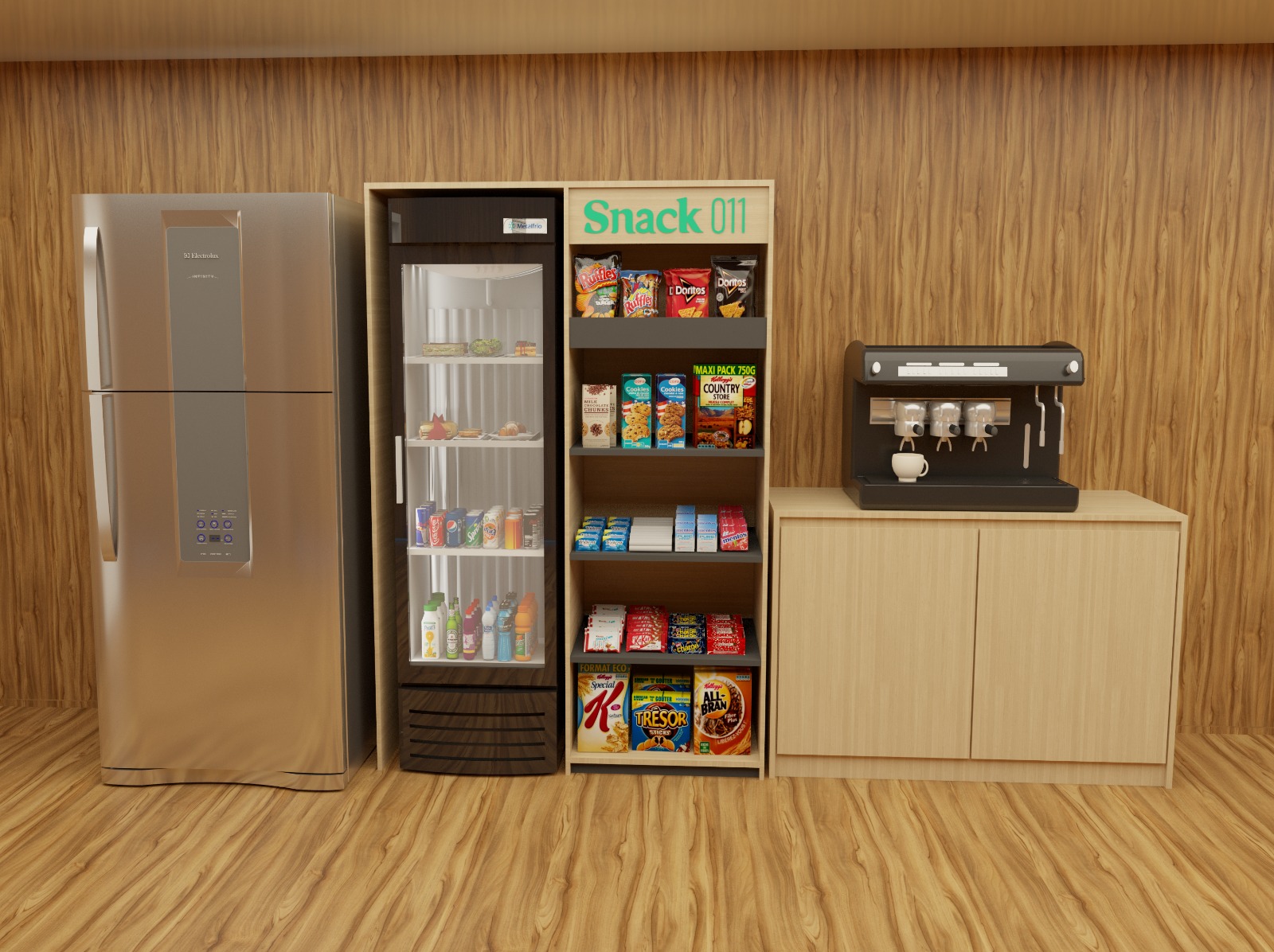 Estação Snack011 com geladeira, prateleiras de snacks e máquina de café em escritório